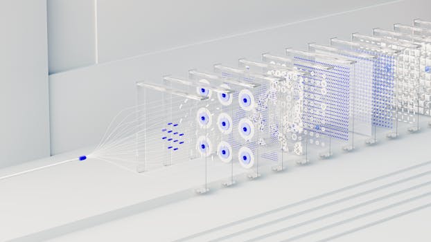 Visual abstraction of neural networks in AI technology, featuring data flow and algorithms.